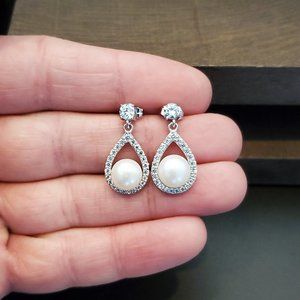 925 Sterling Silver White Genuine Pearls With Halo CZ Gem Earrings